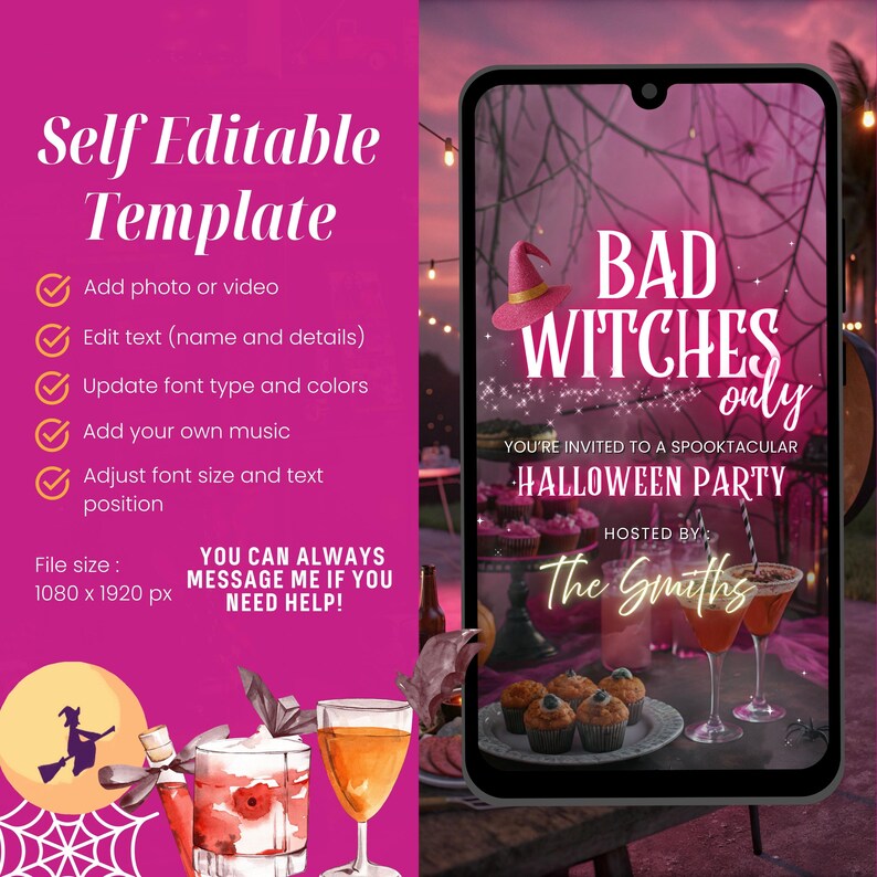 May include: A pink Halloween party invitation template with the text "BAD WITCHES only". The template includes options to add photos, edit text, update fonts, add music, and adjust text size. The file size is 1080 x 1920 px.