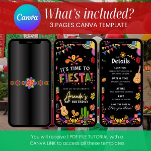 Puede incluir: Plantilla de invitaci&oacute;n digital para una fiesta de cumplea&ntilde;os tem&aacute;tica de fiesta. El dise&ntilde;o presenta gr&aacute;ficos coloridos, incluyendo guitarras, cactus y elementos florales, mostrados en tres pantallas de tel&eacute;fonos inteligentes. La invitaci&oacute;n incluye detalles de la fiesta e instrucciones de Canva.