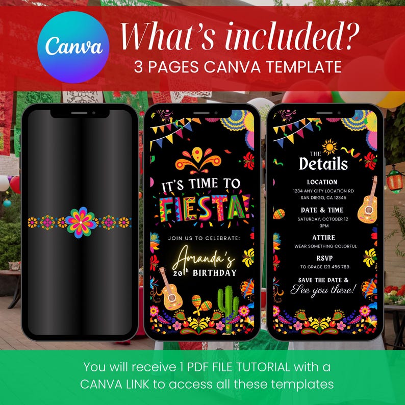 Puede incluir: Plantilla de invitaci&oacute;n digital para una fiesta de cumplea&ntilde;os tem&aacute;tica de fiesta. El dise&ntilde;o presenta gr&aacute;ficos coloridos, incluyendo guitarras, cactus y elementos florales, mostrados en tres pantallas de tel&eacute;fonos inteligentes. La invitaci&oacute;n incluye detalles de la fiesta e instrucciones de Canva.