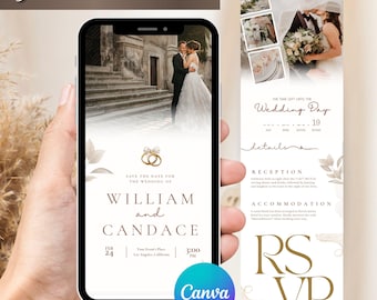 May include: A smartphone displays a wedding invitation with the text "Trackable RSVP." The invitation features a photo of a couple, wedding details, and the names William and Candace. A Canva logo is visible.