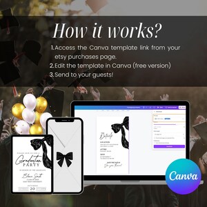 May include: A digital design showcasing a graduation party invitation template. The image includes a tablet, phone, and laptop displaying the invitation design. The text reads "How it works?" and provides instructions for accessing and editing the template.