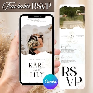Può includere: Uno smartphone mostra un invito di nozze con il testo "Trackable RSVP". L'invito include una foto di una coppia, la data e i dettagli sulla cerimonia e l'alloggio. Il logo Canva è visibile.