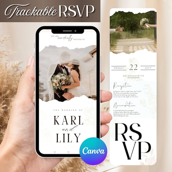 Wedding Website Invitation, Trackable RSVP, Minimalist Design Digital Invite : Editable Canva Template