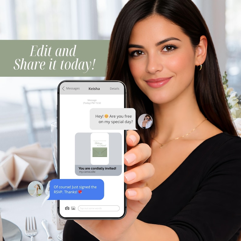 Pu&ograve; includere: Uno smartphone mostra un messaggio di invito a nozze. Lo schermo mostra fumetti di testo con le parole "Hey! Are you free on my special day?" e "You are cordially invited!". L'immagine include anche il testo "Edit and Share it today!"