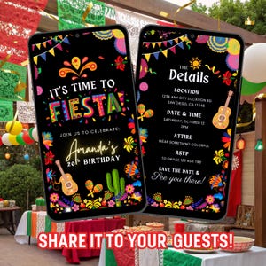 Puede incluir: Dos smartphones muestran una invitaci&oacute;n negra para una fiesta. La invitaci&oacute;n presenta texto colorido, incluyendo "It's Time to Fiesta" y detalles del evento. Guitarras, maracas y dise&ntilde;os florales decoran la invitaci&oacute;n. La parte inferior dice "Share it to your guests!"