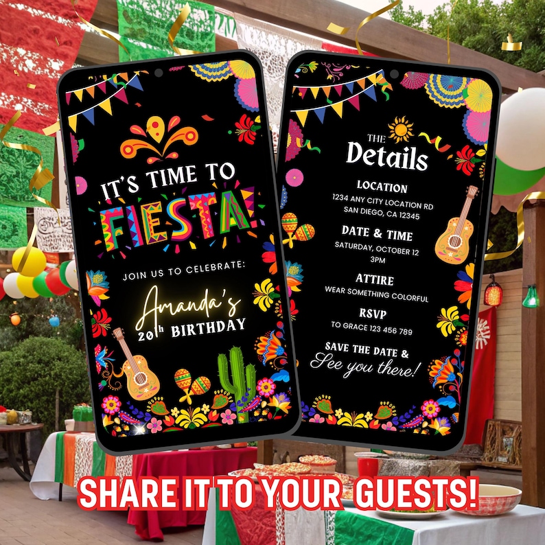 Puede incluir: Dos smartphones muestran una invitaci&oacute;n negra para una fiesta. La invitaci&oacute;n presenta texto colorido, incluyendo "It's Time to Fiesta" y detalles del evento. Guitarras, maracas y dise&ntilde;os florales decoran la invitaci&oacute;n. La parte inferior dice "Share it to your guests!"