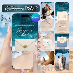 Può includere: Un invito di nozze digitale visualizzato sullo schermo di uno smartphone con tema spiaggia, onde del mare e sabbia. Il design include una busta color crema con un sigillo di cera dorato, i dettagli del matrimonio di Rosie e Anthony e un timer.