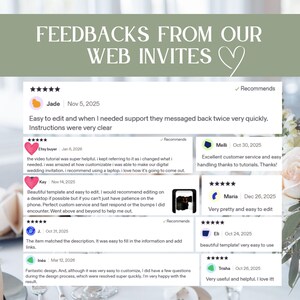 Pu&ograve; includere: Immagine con feedback dei clienti per inviti web. Le recensioni includono commenti sulla facilit&agrave; di modifica, l'assistenza clienti e il design del modello. Il testo include date e nomi dei revisori, con un cuore.
