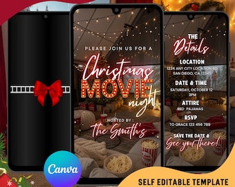 Puede incluir: Plantilla de invitación digital para una noche de cine navideña. El diseño presenta un teléfono inteligente con el texto "Christmas Movie Night" y detalles del evento. Incluye palomitas de maíz, árboles de Navidad y un lazo rojo.