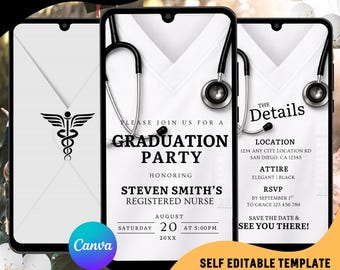 May include: Digital invitation template for a graduation party. The design features a white background with a stethoscope and text that reads "Graduation Party" and "Registered Nurse". The invitation is self-editable.