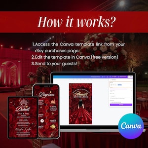 May include: A digital invitation design displayed on a laptop, tablet, and phone. The design features a red and gold color scheme with floral accents. The text "How it works?" is at the top, with instructions below. The Canva logo is visible.