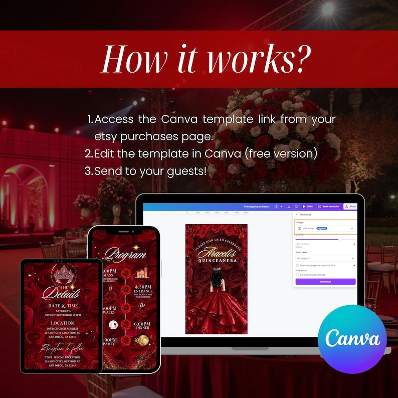 May include: A digital invitation design displayed on a laptop, tablet, and phone. The design features a red and gold color scheme with floral accents. The text "How it works?" is at the top, with instructions below. The Canva logo is visible.