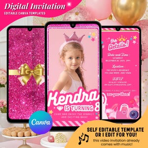 Rosa Modepuppen-Geburtstagsfeier-Digital-Video-Einladung, Rosa Glitzer-Geburtstags-Einladung, Canva Video animierte Einladungen, Barbe-Puppe