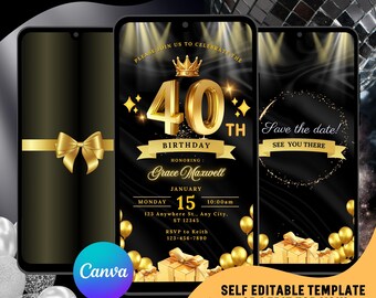 Invito video per il 40° compleanno in nero e oro, invito elegante (digitale)