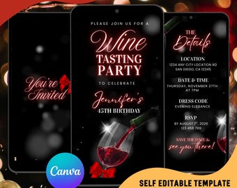 Può includere: Modello di invito digitale per una degustazione di vini, con sfondo nero e testo elegante. Il design include un bicchiere di vino con vino versato, un fiocco rosso e i dettagli dell'evento. Per un 45° compleanno.