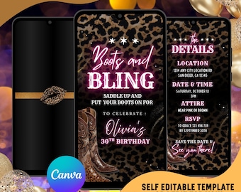 Video-verjaardagsuitnodiging Leopard-laarzen en bling (bewerkbare canva-sjabloon)