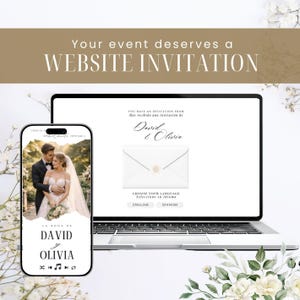Może przedstawiać: Laptop i smartfon wyświetlające stronę internetową z zaproszeniem ślubnym. Na ekranie widoczny jest tekst 'Your event deserves a WEBSITE INVITATION', 'David & Olivia' oraz przyciski wyboru języka angielskiego i hiszpańskiego.