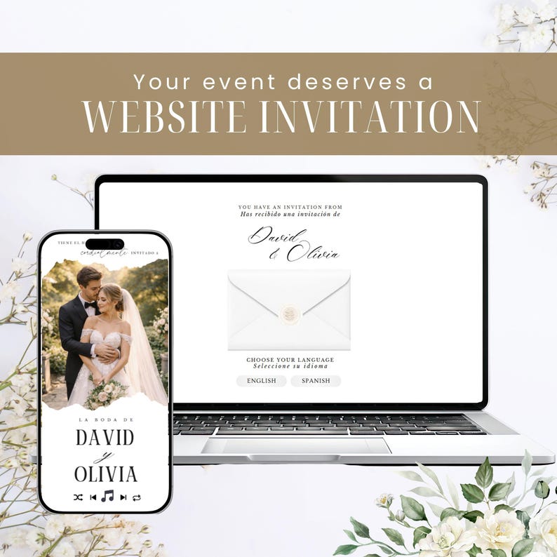Może przedstawiać: Laptop i smartfon wyświetlające stronę internetową z zaproszeniem ślubnym. Na ekranie widoczny jest tekst 'Your event deserves a WEBSITE INVITATION', 'David & Olivia' oraz przyciski wyboru języka angielskiego i hiszpańskiego.
