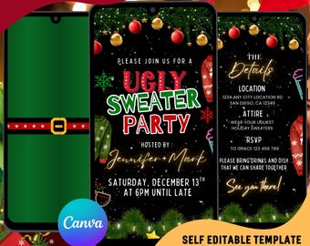 Pode incluir: Convite digital para uma festa de suéter feio. O convite é exibido em três smartphones. O texto inclui detalhes da festa, localização, traje e informações de RSVP. É um modelo autoeditável.