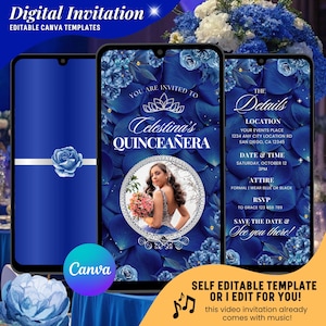 Blaue Silber Quinceaño-Einladung, Sweet 15 Video-Einladung, Digitale Mis Quince Anos Geburtstags-Animierte Einladung, Eleganter 15