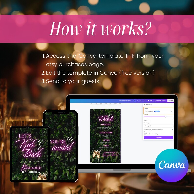 Puede incluir: Plantilla de invitaci&oacute;n digital que se muestra en una tableta, un tel&eacute;fono y un ordenador port&aacute;til. El texto dice "How it works?" e incluye instrucciones. El dise&ntilde;o de la invitaci&oacute;n presenta texto de ne&oacute;n y un fondo de hojas verdes. El logotipo de Canva es visible.