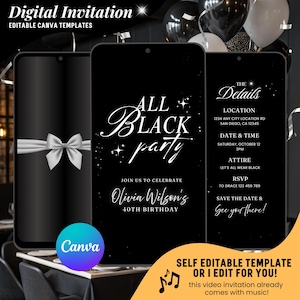 Modern All Black Party Video Invitation, Formal Birthday Dinner Animated Invites, Editable All Black Birthday Affair Itinerary Template