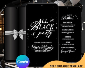 Convite em vídeo moderno para festa totalmente preta, convites animados para jantar de aniversário formal, modelo de itinerário editável para festa de aniversário totalmente preta