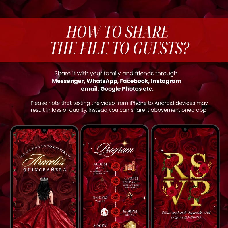 May include: A red and gold invitation design with the text "How to Share the File to Guests?" and instructions for sharing via social media. Three phone screens display event details for a Quincea&ntilde;era.