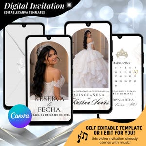 Invito video Reserva La Fecha Quinceañeara, modello spagnolo, salva la data White Mis Quince Anos: modello modificabile