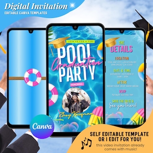 Roze uitnodiging zwembadfeest afstuderen, digitale video nodigt klas 2025 Celebration Pool Party, sjabloon College High School Grad Party