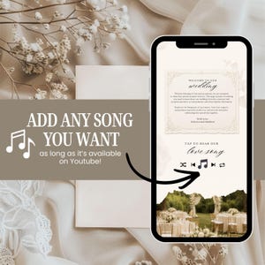 May include: A smartphone displaying a digital wedding invitation with a cream-colored background, ornate border, and text reading Welcome to our wedding. Below, a music player interface features a note icon and the text Tap to hear our love song.