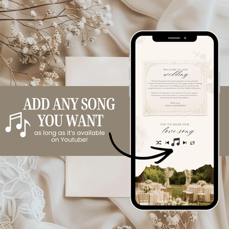 May include: A smartphone displaying a digital wedding invitation with a cream-colored background, ornate border, and text reading Welcome to our wedding. Below, a music player interface features a note icon and the text Tap to hear our love song.