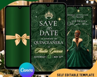 Emerald Green Quinceañera Save the Date Video Invitation : Editable Canva Template