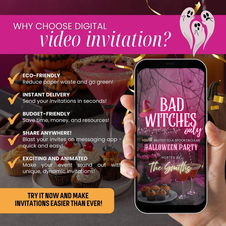 May include: A smartphone displays a Halloween party invitation with the text "Bad Witches Only." The image features a pink and purple color scheme, with ghosts, pumpkins, and cocktails. The invitation is hosted by "The Smiths."