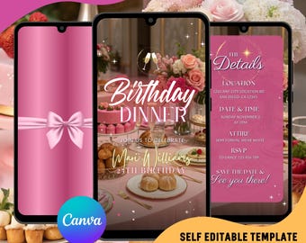 Elegant Birthday Dinner Video Invitation, Floral Party Evite : Editable Canva Template