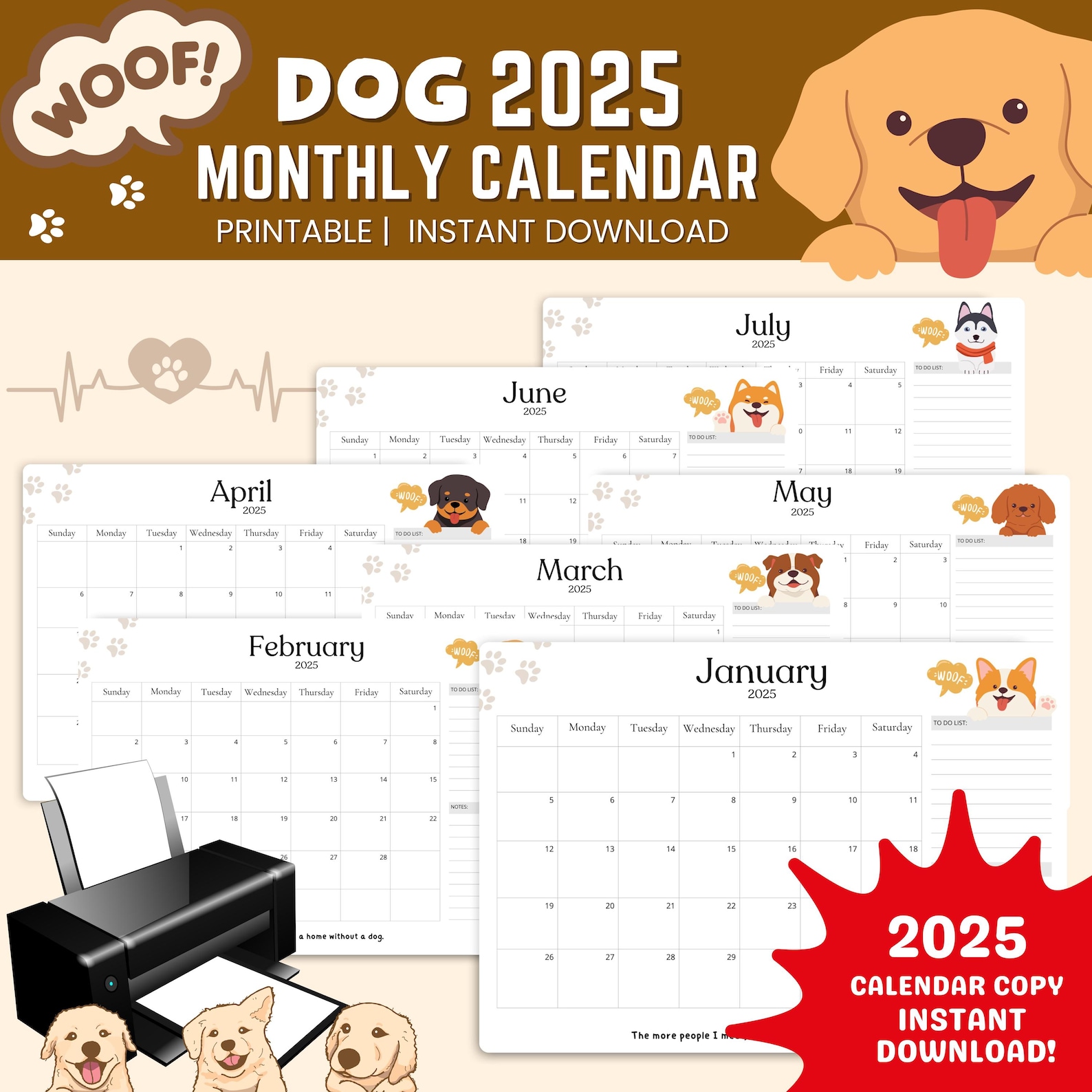 2025 Dog Monthly Calendar, Minimalist Puppy Calendar, Cute Canine ...