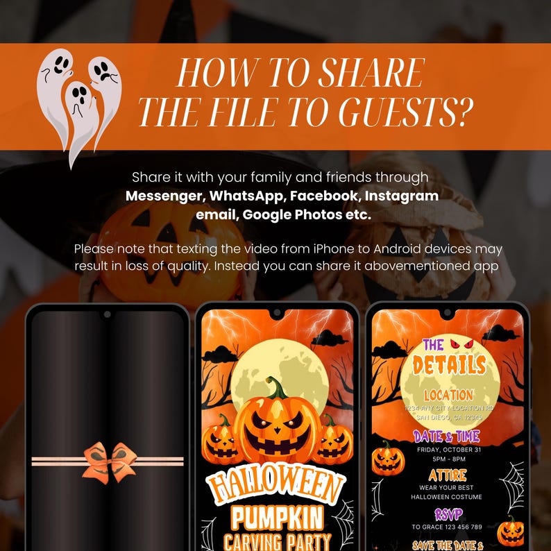 Może przedstawiać: Grafika w stylu Halloween w kolorze pomarańczowym i czarnym z tekstem "Jak udostępnić plik gościom?" i instrukcjami udostępniania. Trzy smartfony wyświetlają zaproszenia na imprezę Halloween z grafiką dyni i księżyca.