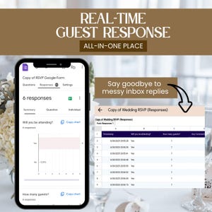 May include: A smartphone displays a Google Form for wedding RSVPs, showing real-time guest responses. The screen shows a summary of responses, including a chart and a list of attendees. Text reads: "REAL-TIME GUEST RESPONSE ALL-IN-ONE PLACE."
