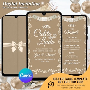May include: Digital invitation template displayed on three smartphones. The design features a tan background with white floral accents and text. The invitation includes details for a baby shower, with the text "Cielito Lindo".