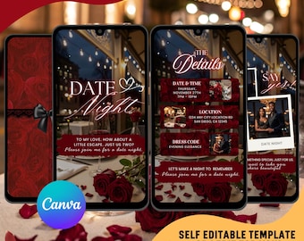 May include: Digital invitation template for a date night, featuring a red and black color scheme. The design includes roses, a bow, and event details on smartphone screens. The Canva logo is visible.