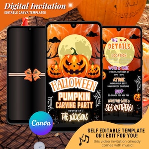Może przedstawiać: Cyfrowy szablon zaproszenia na Halloween na ekranie smartfona. Projekt przedstawia pomarańczowe dynie, pełnię księżyca i tekst "Halloween Pumpkin Carving Party". Zaproszenie zawiera szczeg&oacute;ły takie jak data, godzina i informacje RSVP.