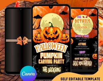 Könnte beinhalten: Digitale Halloween-Einladungsvorlage auf einem Smartphone-Bildschirm. Das Design zeigt orangefarbene Kürbisse, einen Vollmond und den Text "Halloween Pumpkin Carving Party". Die Einladung enthält Details wie Datum, Uhrzeit und RSVP-Informationen.