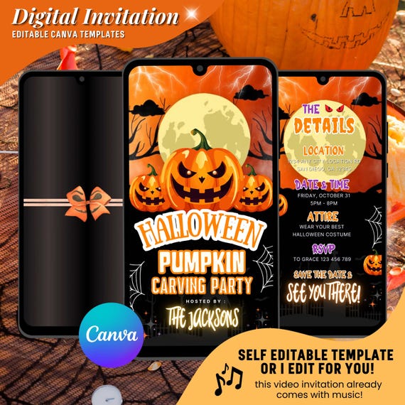 Pumpkin Carving Party Video Invitation, Animated Halloween Evite : Instant Download