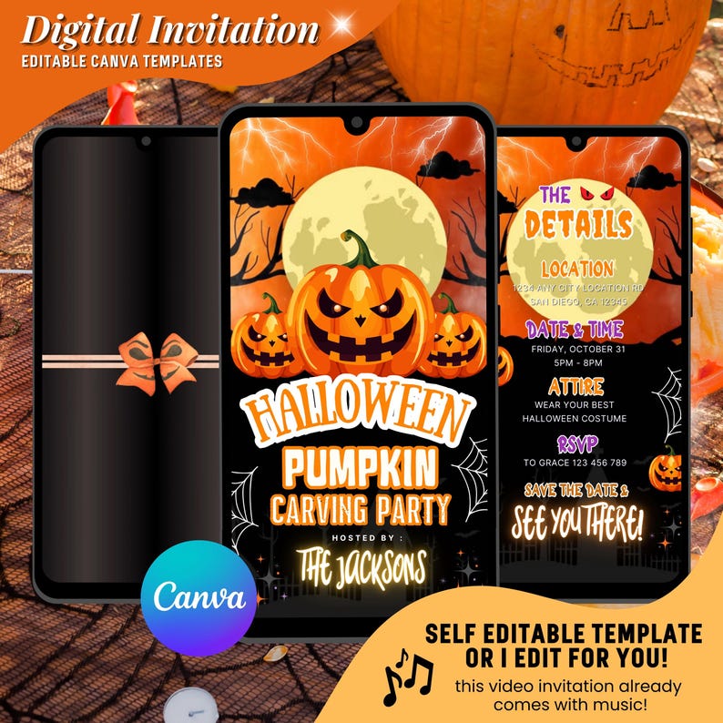 Może przedstawiać: Cyfrowy szablon zaproszenia na Halloween na ekranie smartfona. Projekt przedstawia pomarańczowe dynie, pełnię księżyca i tekst "Halloween Pumpkin Carving Party". Zaproszenie zawiera szczeg&oacute;ły takie jak data, godzina i informacje RSVP.