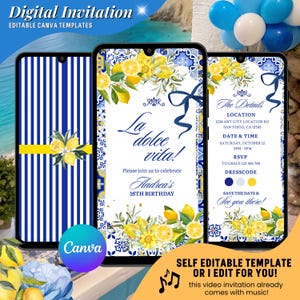 Könnte beinhalten: Digitale Einladungsvorlagen auf Smartphones. Das Design zeigt einen blau-weiß gestreiften Hintergrund und ein Blumen- und Zitronen-Thema. Der Text lautet "La dolce vita!" und "Andreas 16. Geburtstag". Die Einladung enthält Eventdetails.
