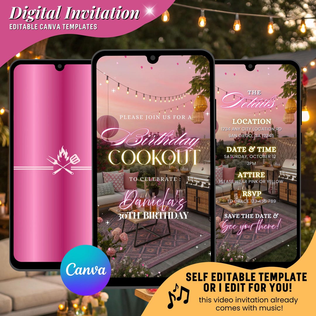 BBQ Birthday Video Invitation, Outdoor Party Invite, Pink Chill and ...