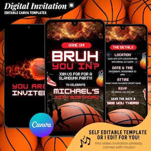 以下が含まれることがあります： バスケットボールをテーマにした誕生日のデジタル招待状テンプレート。デザインはバスケットボール、炎、「Bruh, You In?」のテキストとパーティーの詳細が特徴です。Canvaのロゴと編集可能なオプションが含まれています。