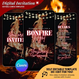 May include: Digital invitation template for a bonfire night birthday party. The design features three smartphone screens with a bonfire graphic, string lights, and event details. The text includes "Bonfire Night," "Yashira's 40th Birthday," and RSVP information.