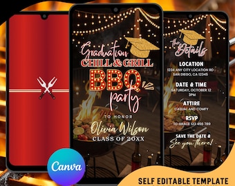 Graduation BBQ Party Video Invitation, Outdoor Backyard Cookout Party Evites : Editable Canva Template