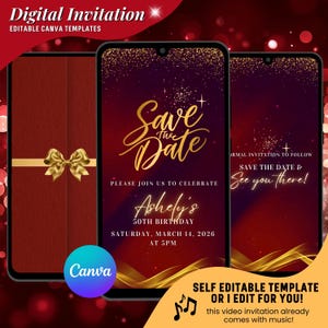 Pode incluir: Modelo de convite digital em tela de smartphone. O design apresenta uma escrita dourada "Save the Date" sobre um fundo bordô e dourado. O convite inclui detalhes do evento e o logotipo Canva.